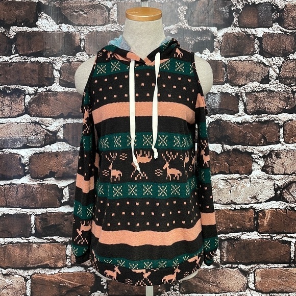 Miss U Sweater Christmas Womens Small Black Green NWT Winter Cold Shoulder Knit - Picture 4 of 13